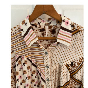 Free People Hazel Button Down in Tea Floral Western Pink Brown Cream